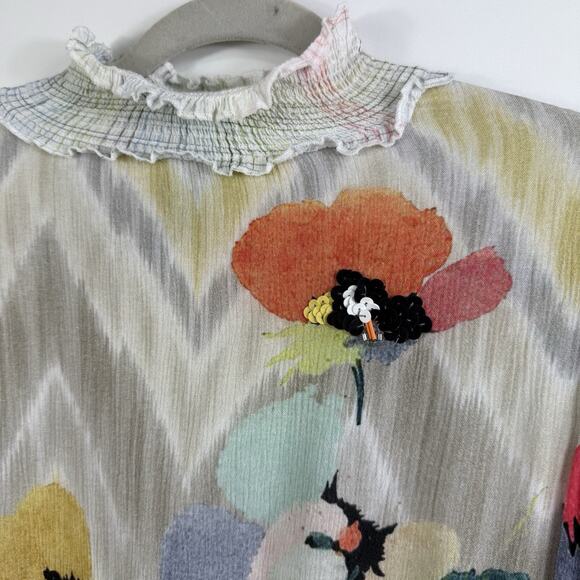 Anthropologie Blank London Floral Watercolor Top XS Smocked Sequin Chevron Boho - Picture 5 of 16